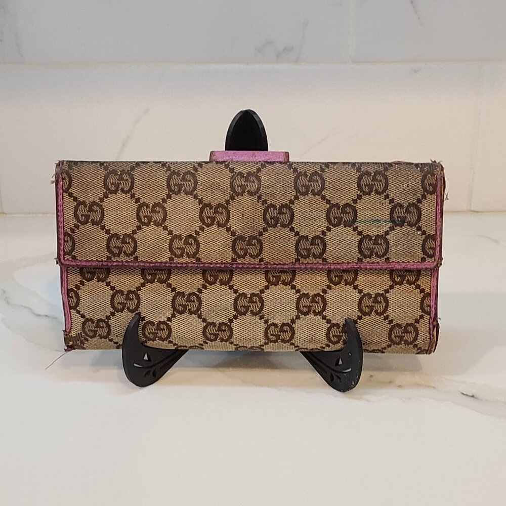 Vintage Gucci Abbey GG Horsebit Monogram Long Wallet Fuchsia Leather Trim Fair - Picture 5 of 15